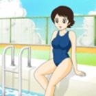 体育の授業が水泳でプールサイドにスクール水着を着て座る和登さん。